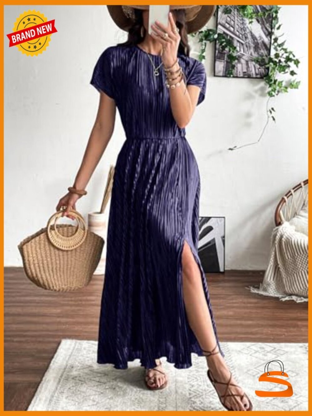 Casual Short Sleeve Maxi Dress with Ruffle Pleated Swing Silhouette - Picture 5 of 7
